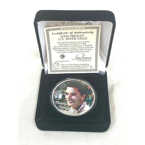 401 - Morgan Mint 2002 USA Silver Elvis Presley 1 oz ounce silver dollar coin with COA, Merry Christmas