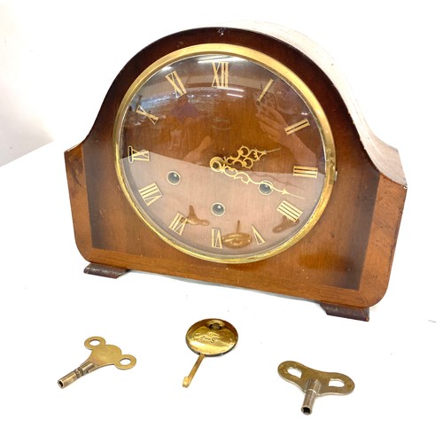 77 - Smiths 3 Key hole mantle clock, with key and pendulum , untested