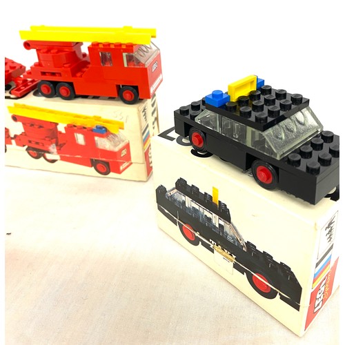 157 - Vintage Legoland fire engine 0495, vintage vehicles 642, 605, 604, in original boxes, no instruction... 