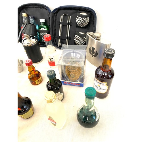 160 - Small gin set, 2 hip flasks, selection of alcohol miniatures