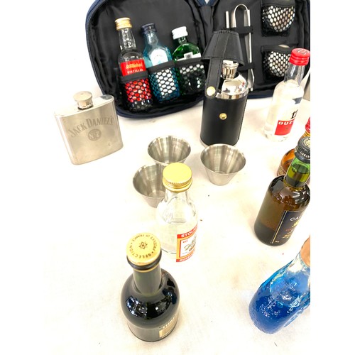 160 - Small gin set, 2 hip flasks, selection of alcohol miniatures