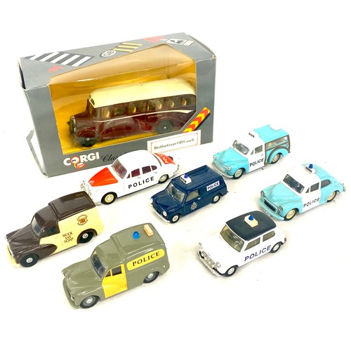 62 - Corgi Classic Cars Model Morris Minor 1000 police car x 2, Corgi jaguar MK II police, Corgi Mini van... 