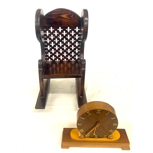 145 - Small ornamental dolls wooden rocking chair, fleur de lis detail, wooden vintage mantel clock, heigh... 