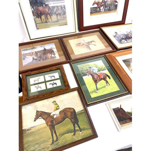 129 - Selection of 9 framed horse racing pictures, signed framed photo by Willy Carson