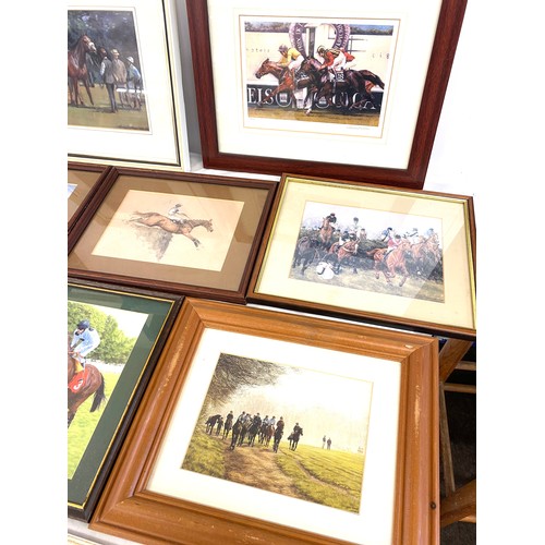 129 - Selection of 9 framed horse racing pictures, signed framed photo by Willy Carson