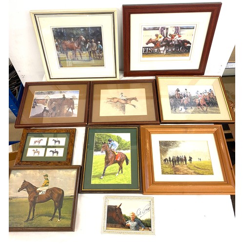 129 - Selection of 9 framed horse racing pictures, signed framed photo by Willy Carson