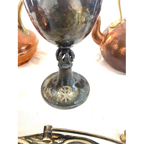 334 - Selection of brass, copper and plated ware to include an unusual goblet