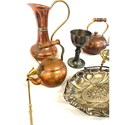 334 - Selection of brass, copper and plated ware to include an unusual goblet