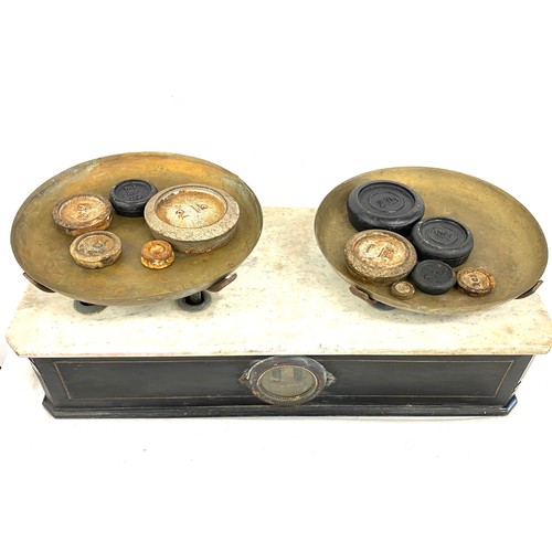 285 - Vintage sweet shop scales with weights, approximate measurements: Height 5 inches, Width 20 iinches,... 