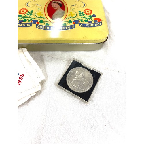 421 - 1953 Commemorative tin, handkerchief and a commemorative coin