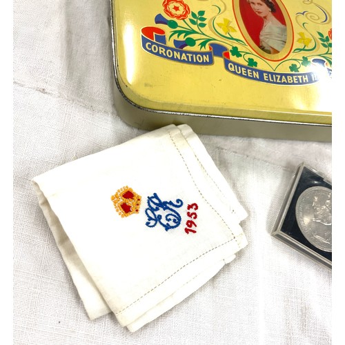 421 - 1953 Commemorative tin, handkerchief and a commemorative coin