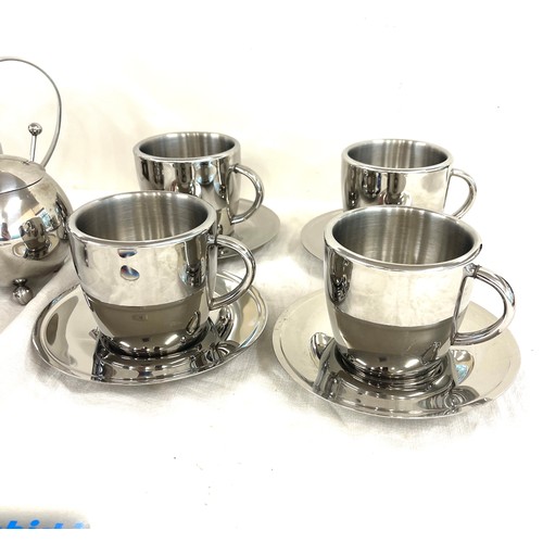 109 - Sabichi stainless steel tea set includes 4 cups, 4 saucers, tea pot, milk jug, sugar pot etc