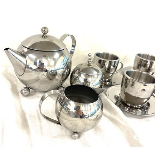 109 - Sabichi stainless steel tea set includes 4 cups, 4 saucers, tea pot, milk jug, sugar pot etc