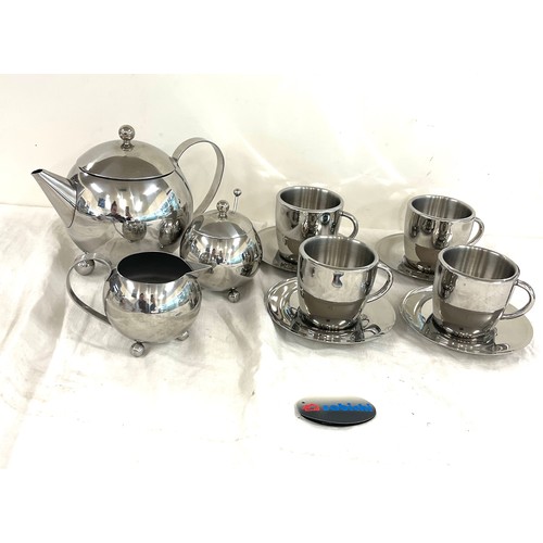 109 - Sabichi stainless steel tea set includes 4 cups, 4 saucers, tea pot, milk jug, sugar pot etc