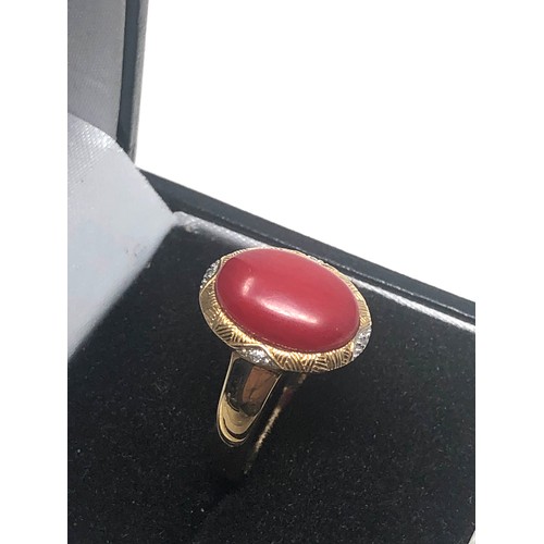 279 - 9ct Gold Diamond Framed Coral Ring (3.9g)