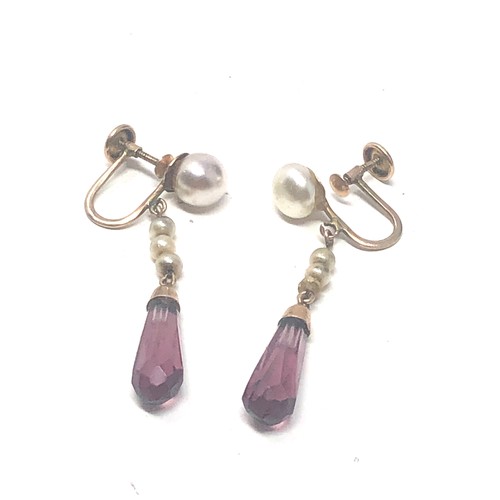 364 - 9ct Gold Fauz Pearl & Paste Drop Screw Back Earrings (2g)