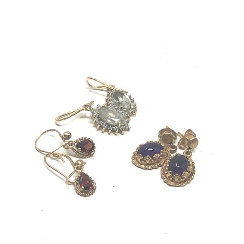 345 - 3 X 9ct Gold Paired Gemstone Drop Earrings Inc. Amethyst, Blue Quartz, Garnet & Diamond (7.2g)