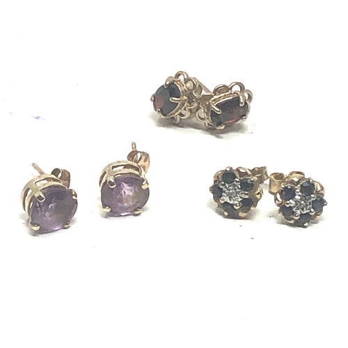 351 - 3 X 9ct Gold Paired Gemstone Stud Earrings Inc. Garnet, Sapphire, Amethyst & Diamond (3.3g)