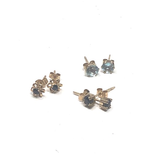 344 - 3 X 9ct Gold Paired Gemstone Stud Earrings Inc. Sapphire & Topaz (1.8g)