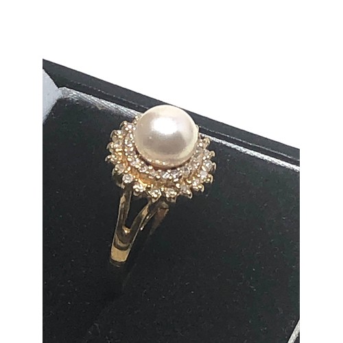 333 - 14ct Gold Pearl & Diamond Double Halo Ring (3.5g)