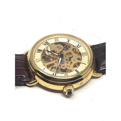 464 - Gents Stauer gold tone mechanical wristwatch handwinding the watch is ticking