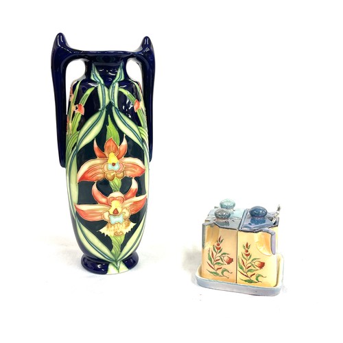 77 - Old Tupton vase and a hand painted cruet set