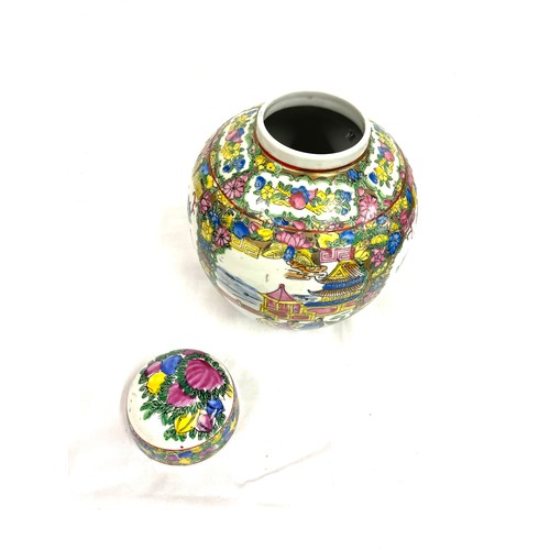 92 - Oriental hand painted ginger jar measures approx 11 inches tall