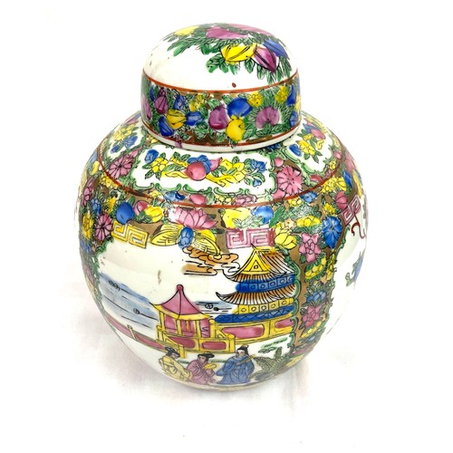 92 - Oriental hand painted ginger jar measures approx 11 inches tall