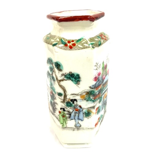 112 - Oriental hand painted Nippon hexagonal vase measures approx 6 inches tall