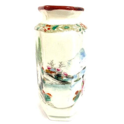 112 - Oriental hand painted Nippon hexagonal vase measures approx 6 inches tall