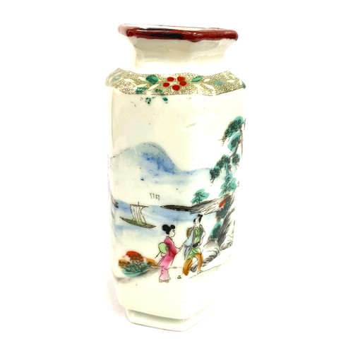 112 - Oriental hand painted Nippon hexagonal vase measures approx 6 inches tall