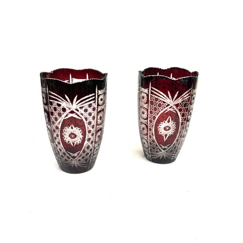 118 - A pair of Bohemian Ruby crystal cut vases, each measures approx 7inches tall.
