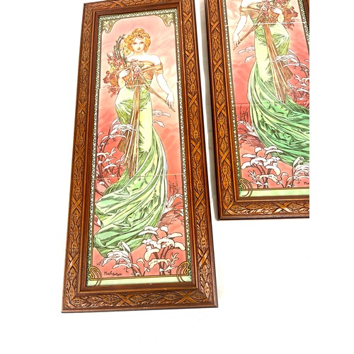 123 - True pair of art nouveau style tiled plaques measures approx 20 inches tall 8 inches wide