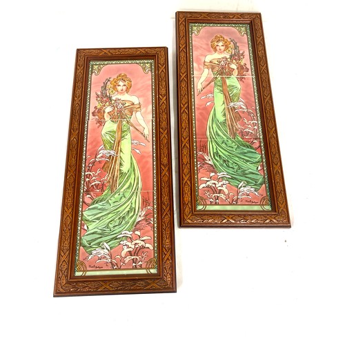 123 - True pair of art nouveau style tiled plaques measures approx 20 inches tall 8 inches wide