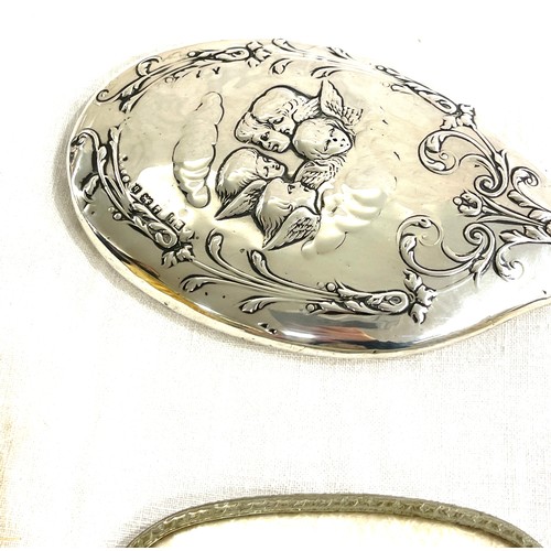 137 - Silver hallmarked dressing table mirror, vintage dressing table set and singular comb