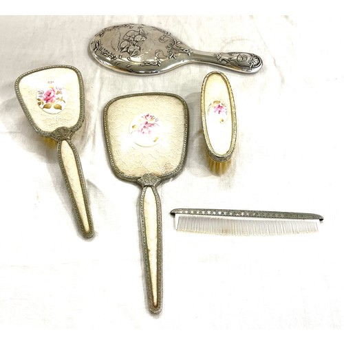 137 - Silver hallmarked dressing table mirror, vintage dressing table set and singular comb