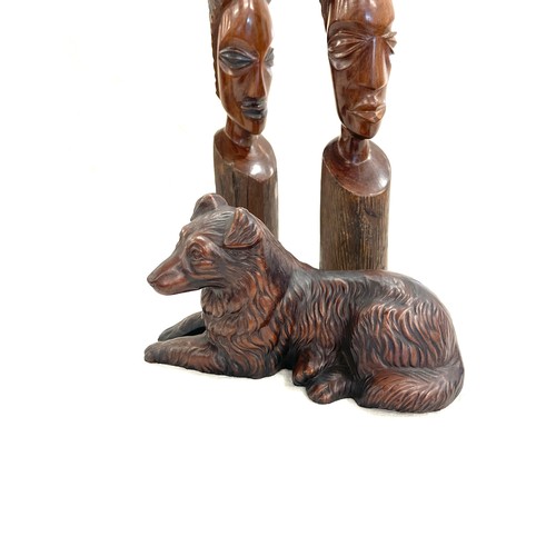 119 - Resin dog ornament, 2 carved wooden figures