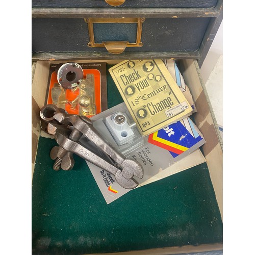 364 - Three vintage boxes with contents to include watch maker tools and equipment etc