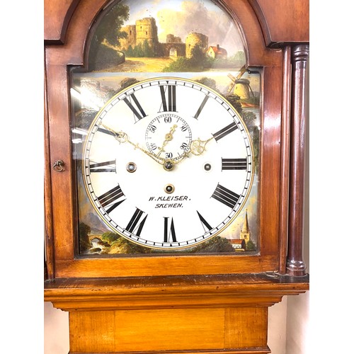 542 - Mahogany long case painted face, arch dial clock, chimes on the quarter, 8 day. W. Kleiser, Ekewen, ... 