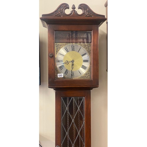 543 - Oak lining fold leaded glass long case clock, made in west Germany