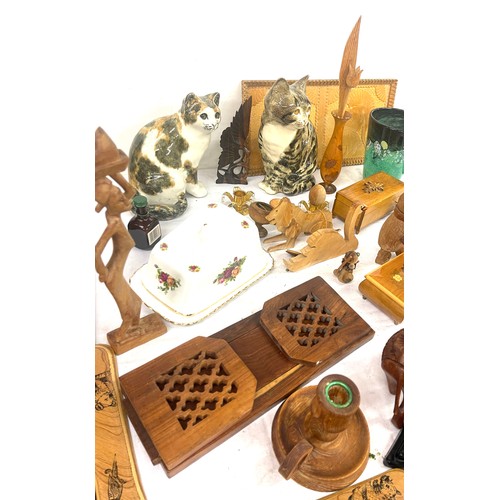 245 - Selection of miscellaneous includes wooden items, cat figures, Royal Albert cheese dish etc