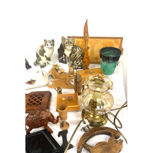 245 - Selection of miscellaneous includes wooden items, cat figures, Royal Albert cheese dish etc