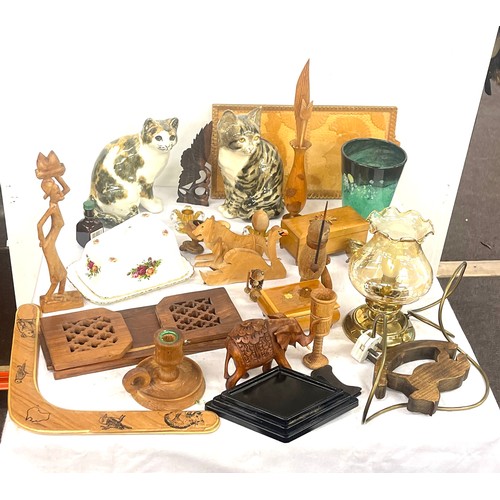 245 - Selection of miscellaneous includes wooden items, cat figures, Royal Albert cheese dish etc