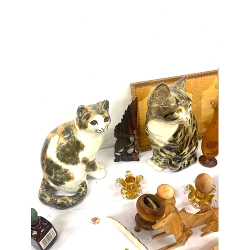 245 - Selection of miscellaneous includes wooden items, cat figures, Royal Albert cheese dish etc