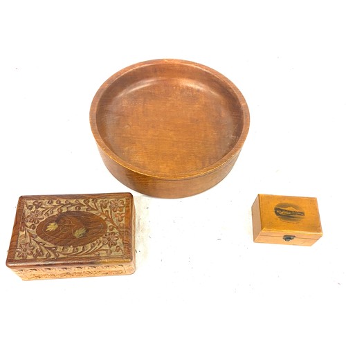 21 - 3 Wooden items includes Mauchline ware box, carved wooden box and a wooden fruit bowl