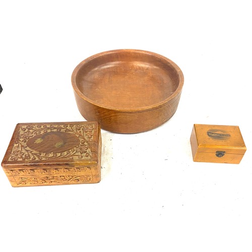 21 - 3 Wooden items includes Mauchline ware box, carved wooden box and a wooden fruit bowl
