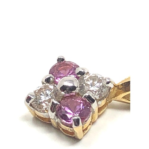 49 - 18ct gold diamond & pink sapphire pendant each diamond measures approx 4mm dia est .50 diamonds weig... 