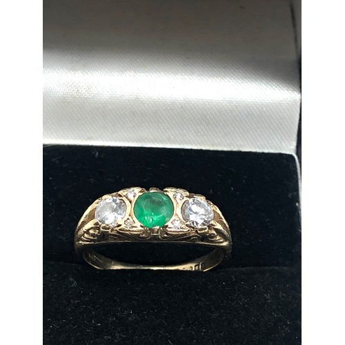 50 - Fine 9ct gold diamond & emerald ring set with central emeral approx 4mm dism set with 2 diamonds eac... 