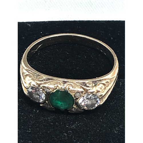 50 - Fine 9ct gold diamond & emerald ring set with central emeral approx 4mm dism set with 2 diamonds eac... 