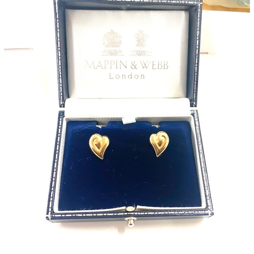 499 - Pair of ladies boxed Mappin and Webb 18ct gold hallmarked heart earrings, total weight 1.9grams